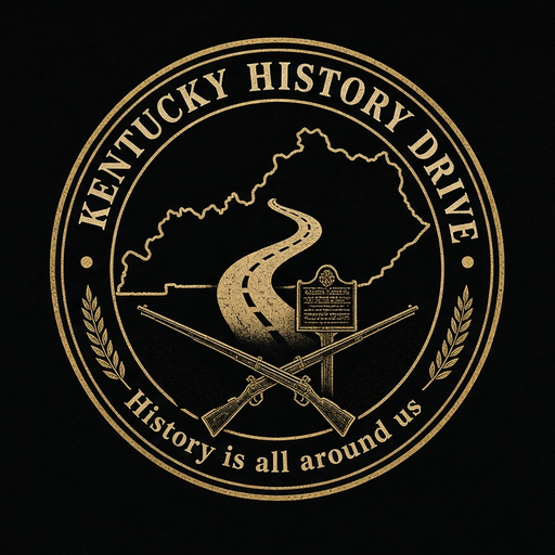 Kentucky History Drive seal, original black edition: gold lettering, Kentucky outline, a road, a historical marker and crossed muskets on black