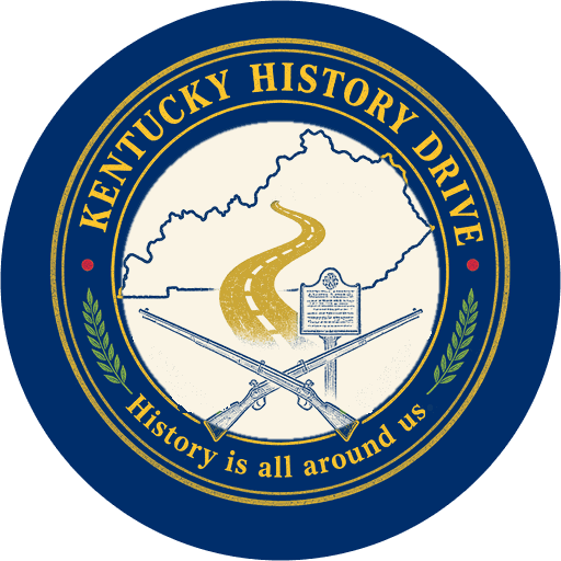 Kentucky History Drive seal, navy edition: cream center with a gold road, historical marker and crossed muskets inside a navy band with gold lettering