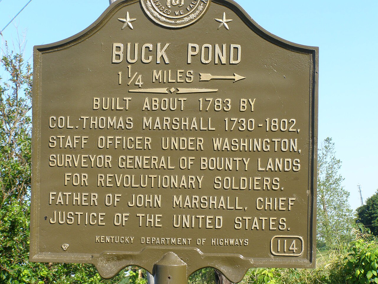 Buck Pond historical marker at Paynes Mill Road and Lexington Road (US 60), east of Versailles, Woodford County (photographed 2008)