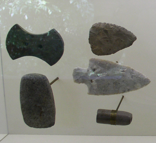 Adena-culture stone gorgets and points from the Serpent Mound site, Ohio — representative Adena artifacts, not from Dover Mound