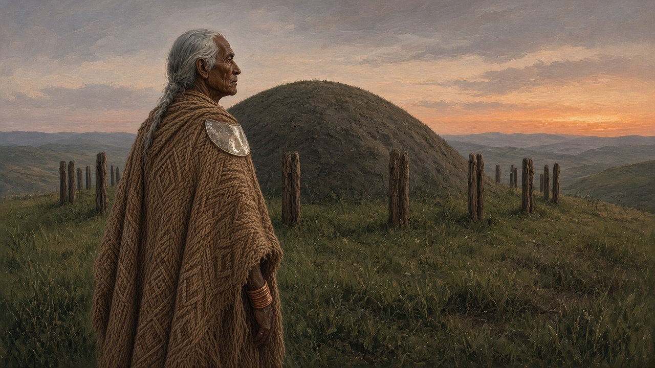 AI illustration: An Adena elder in a twined plant-fiber cloak beside a conical burial mound on a Kentucky ridgetop at dusk