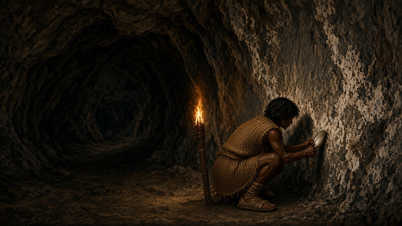 AI illustration: An Early Woodland caver scraping gypsum from a cave wall by cane-torch light, Mammoth Cave area