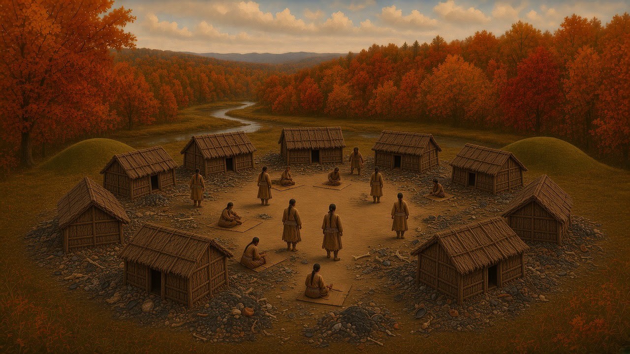AI illustration: a Fort Ancient village of rectangular bark-covered houses in a ring around an open plaza, with low burial mounds to the east and west, beside a creek.