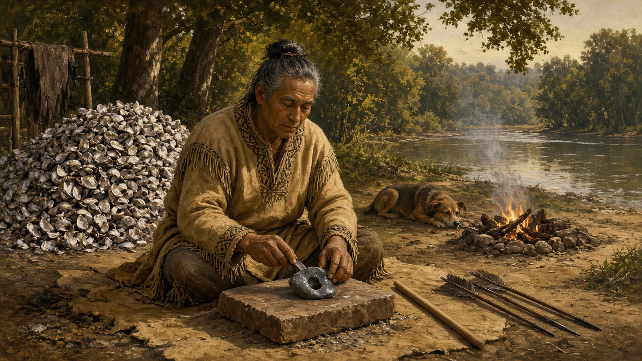 AI illustration: A Green River Archaic elder in sewn deerskin shaping a bannerstone at a mussel-shell camp on the river, with his dog and atlatl darts nearby