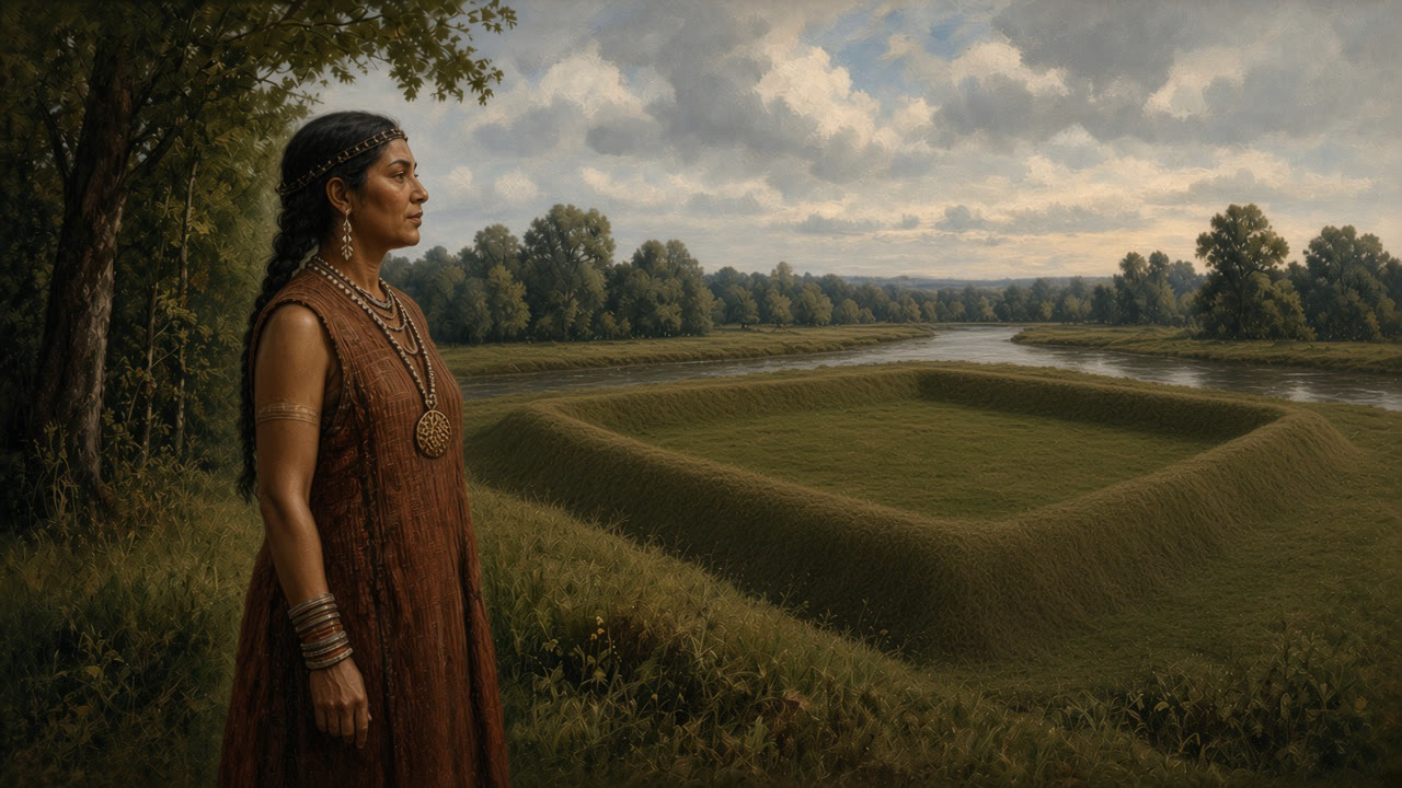 AI illustration: A Hopewell-era woman beside a square enclosure of low earthen walls on the Ohio River, about 2,000 years ago