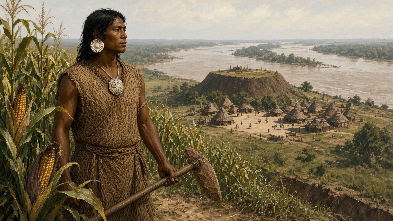 AI illustration: A Mississippian farmer with a stone hoe and shell gorget above a platform-mound town in western Kentucky