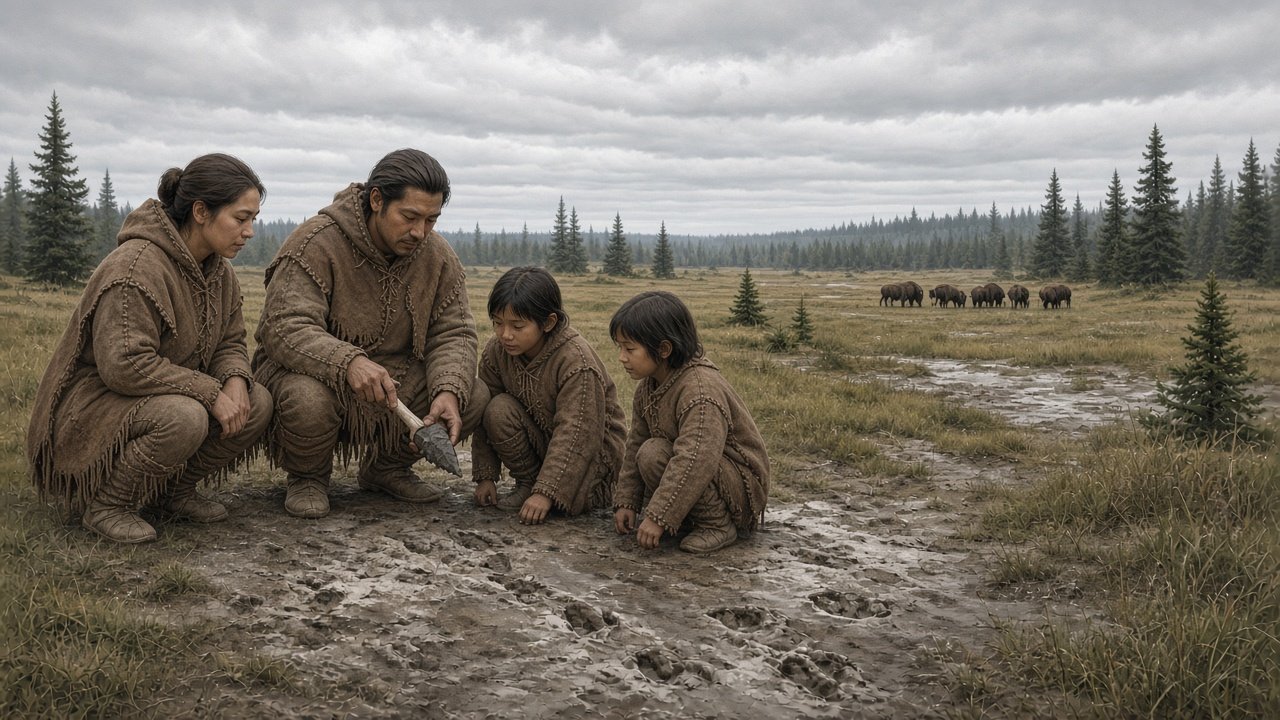 AI illustration: A Paleoindian family in sewn hide clothing at a muddy salt lick about 11,000 years ago, one adult pointing a spear point at animal tracks