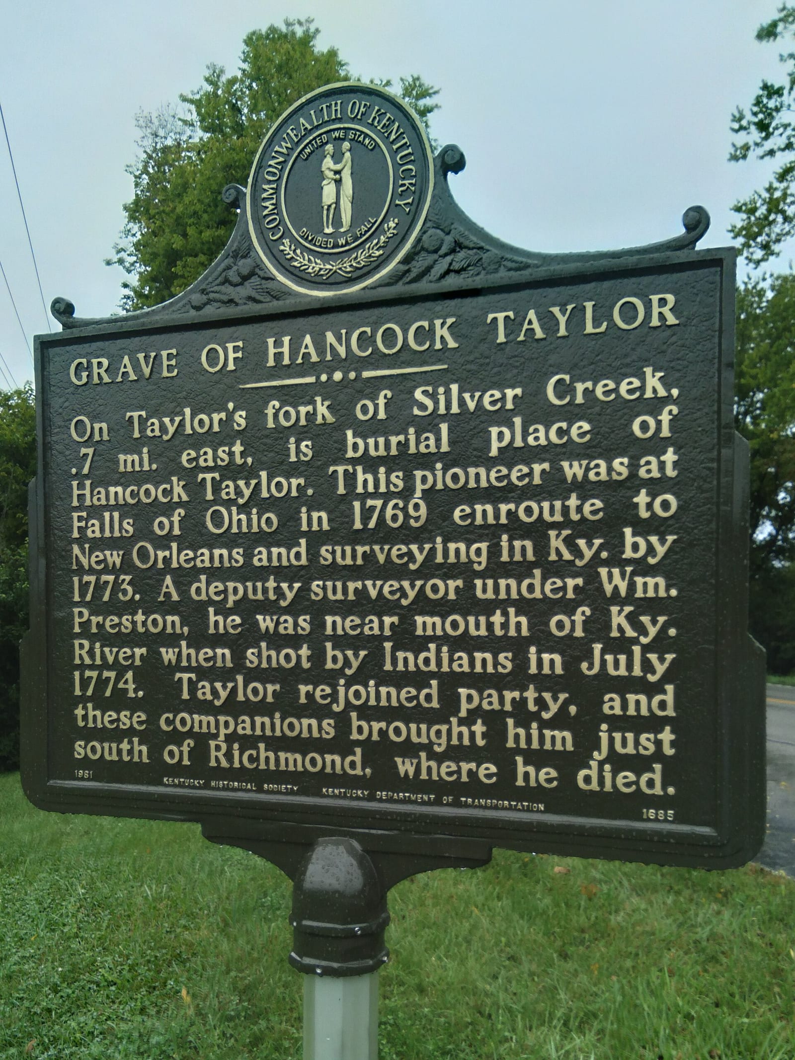 Kentucky Historical Marker for Hancock Taylor, killed surveying in 1774