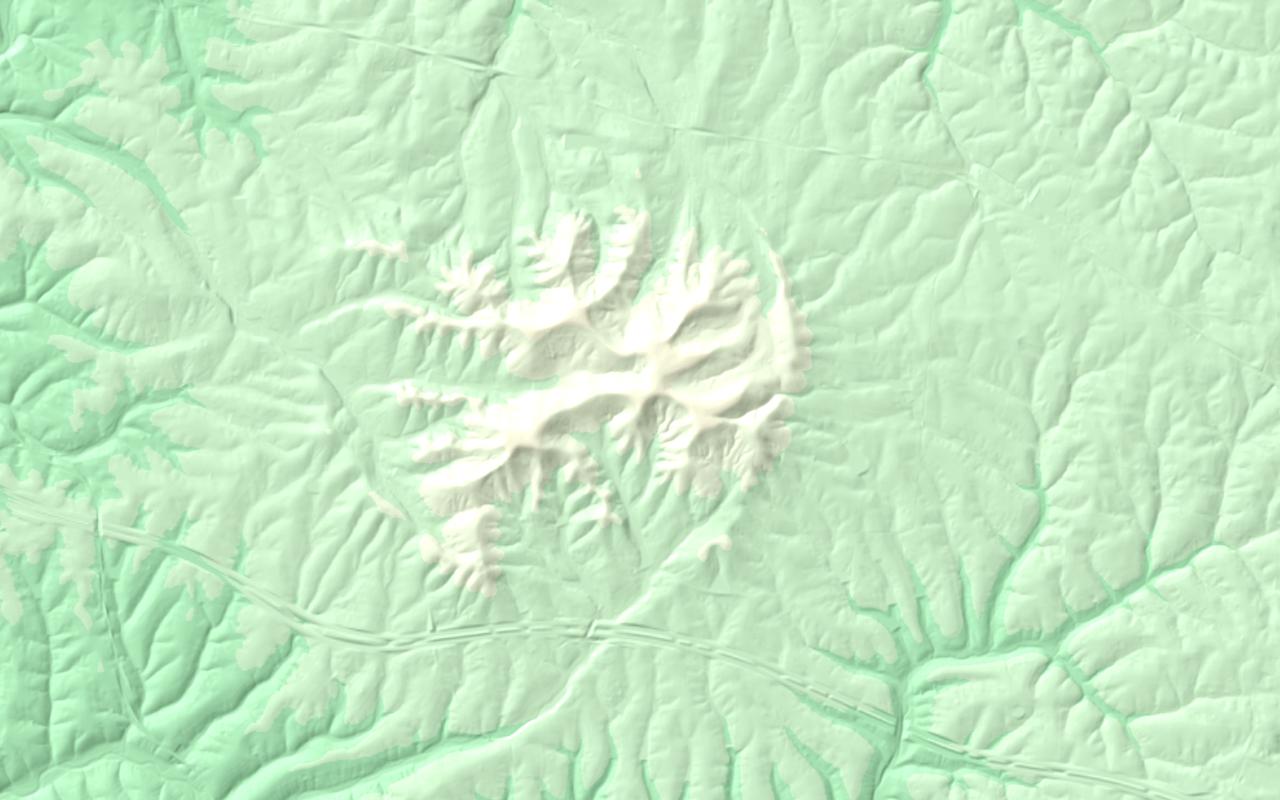Jeptha Knob from above: USGS 3DEP lidar shaded relief of the knob's ring of ridges and radiating ravines, east of Clay Village (generated 2026)