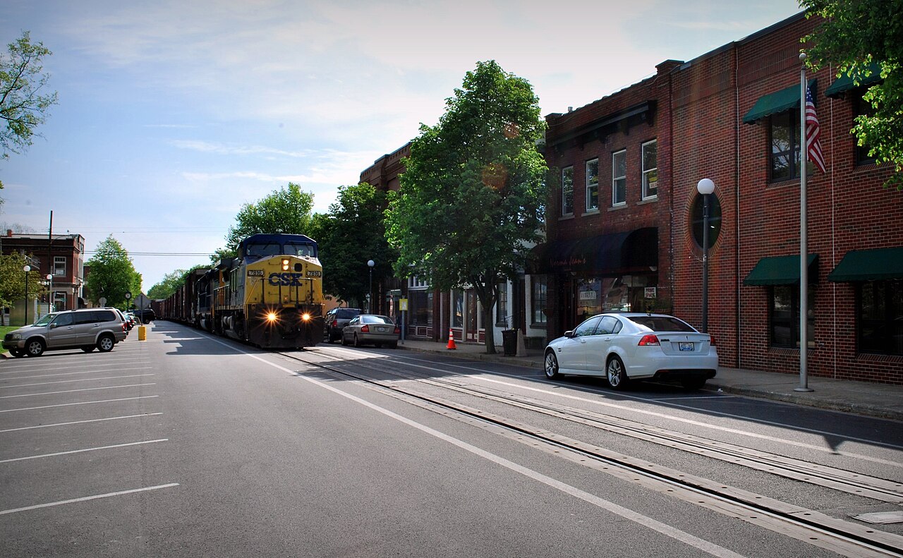 A freight train on Main Street, La Grange (photographed 2010)