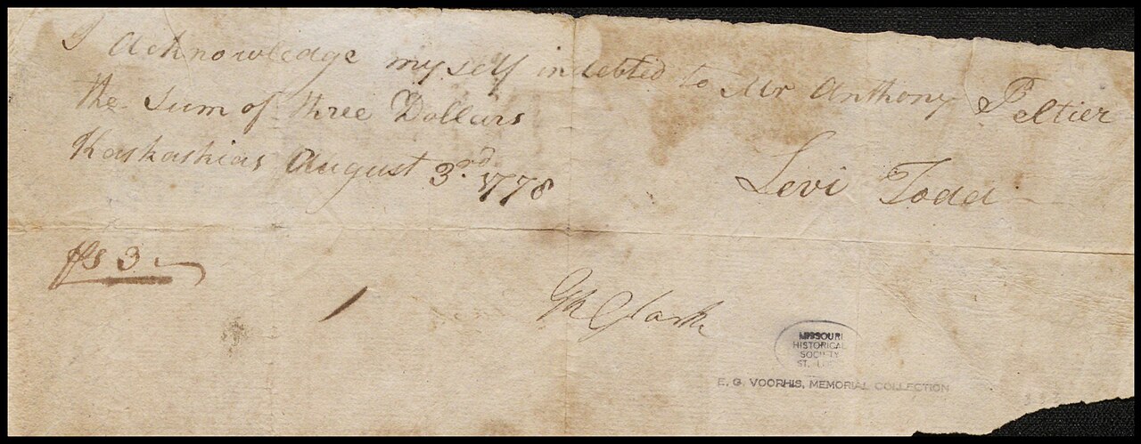 Levi Todd's signature on a 1778 Kaskaskia promissory note witnessed by George Rogers Clark (archival document)