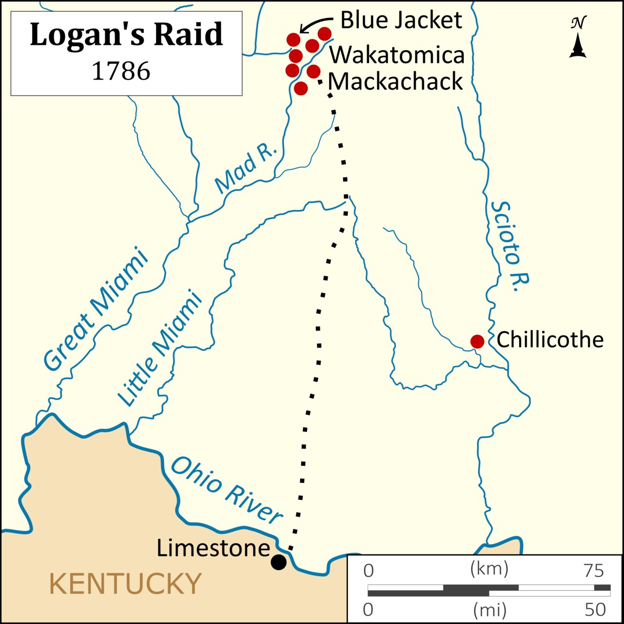 Map of Logan’s Raid into the Ohio Country, 1786 (modern map, 2021)