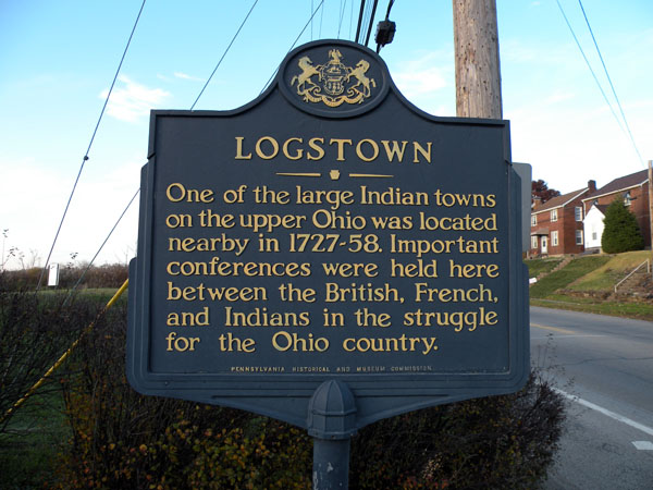Pennsylvania historical marker for Logstown near Ambridge, Beaver County (photographed 2009)—a modern marker near the site, not the town itself