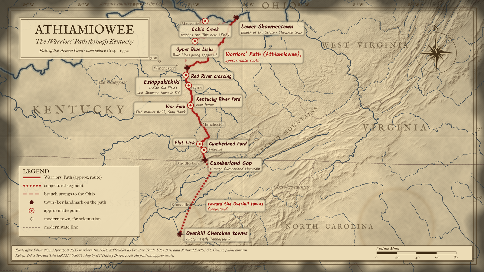 Map of the Warriors' Path from the Ohio River at the Scioto south past Eskippakithiki to Cumberland Gap and Cherokee towns.