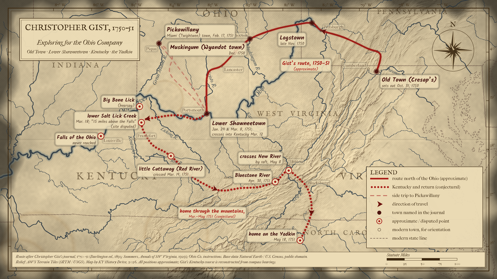Map of Christopher Gist's 1750–51 route from Old Town, Maryland, through Ohio and Kentucky to his home on the Yadkin.