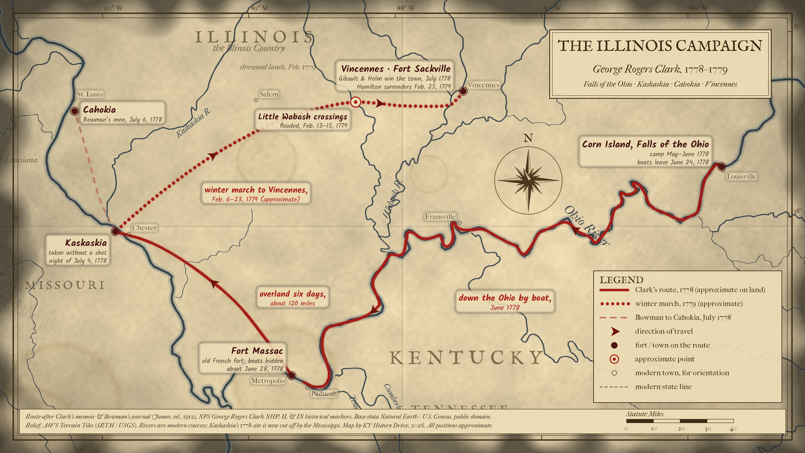 Map of George Rogers Clark's 1778–79 Illinois Campaign from the Falls of the Ohio to Kaskaskia, Cahokia and Vincennes.
