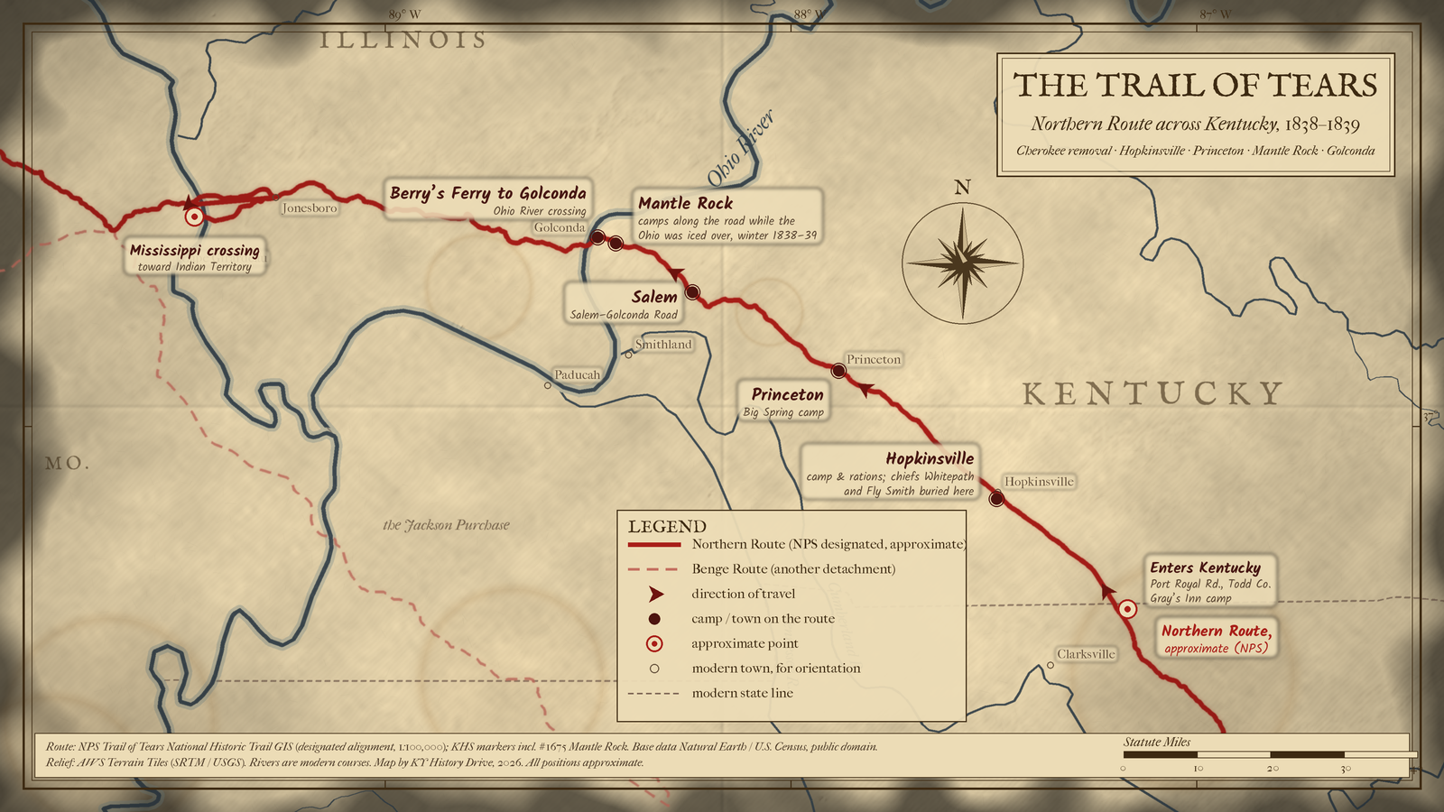 Map of the Trail of Tears Northern Route across Kentucky via Hopkinsville, Princeton and Mantle Rock to the Ohio at Golconda.