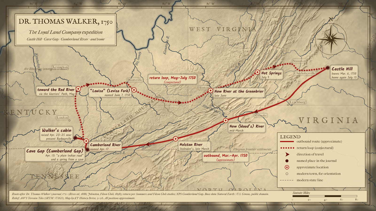 Map of Thomas Walker's 1750 route from Castle Hill, Virginia, through Cumberland Gap to his cabin near Barbourville and back.