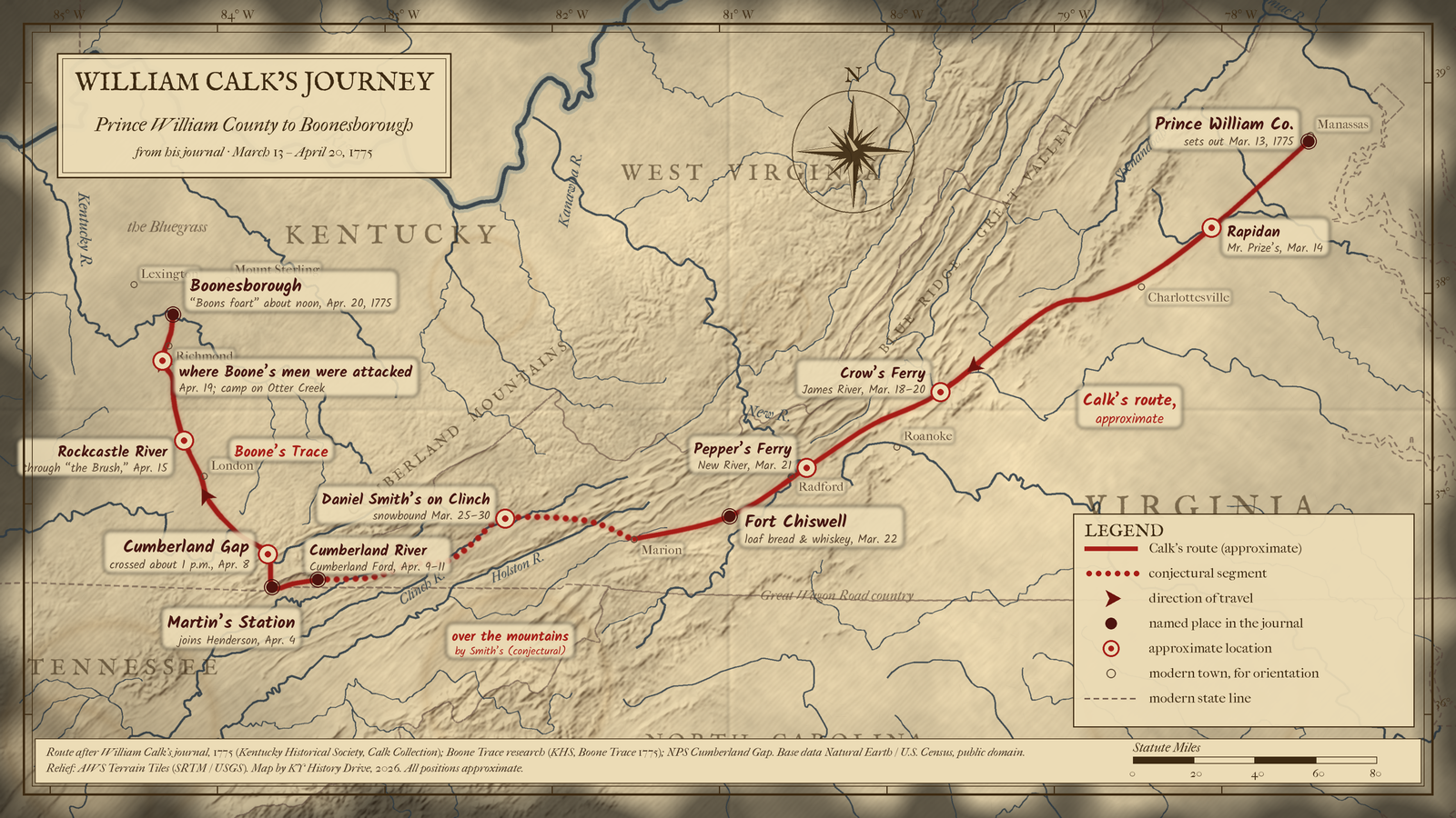 Map of William Calk's 1775 trek from Prince William County, Virginia, through Cumberland Gap to Boonesborough, Kentucky.