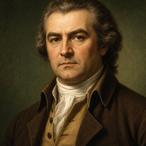 AI illustration of Colonel Stephen Trigg, killed at Blue Licks: a heavyset, greying man in a brown coat and white cravat, about 1782